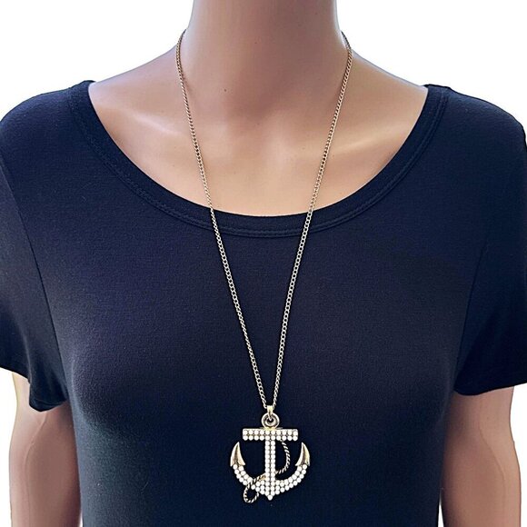 Claires Anchor Pendant Necklace Gold Tone Faux Pearl Encrusted - Picture 2 of 6